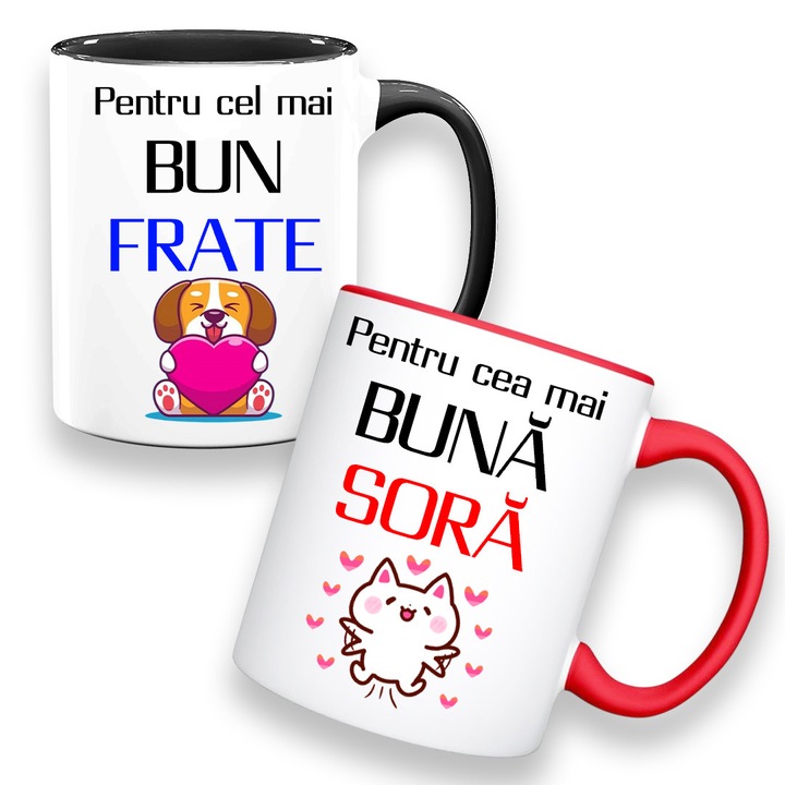 Set 2 cani personalizate cu mesaj:"Cel mai bun frate, cea mai buna sora", Betaprint, Model rosu-negru, 330ml