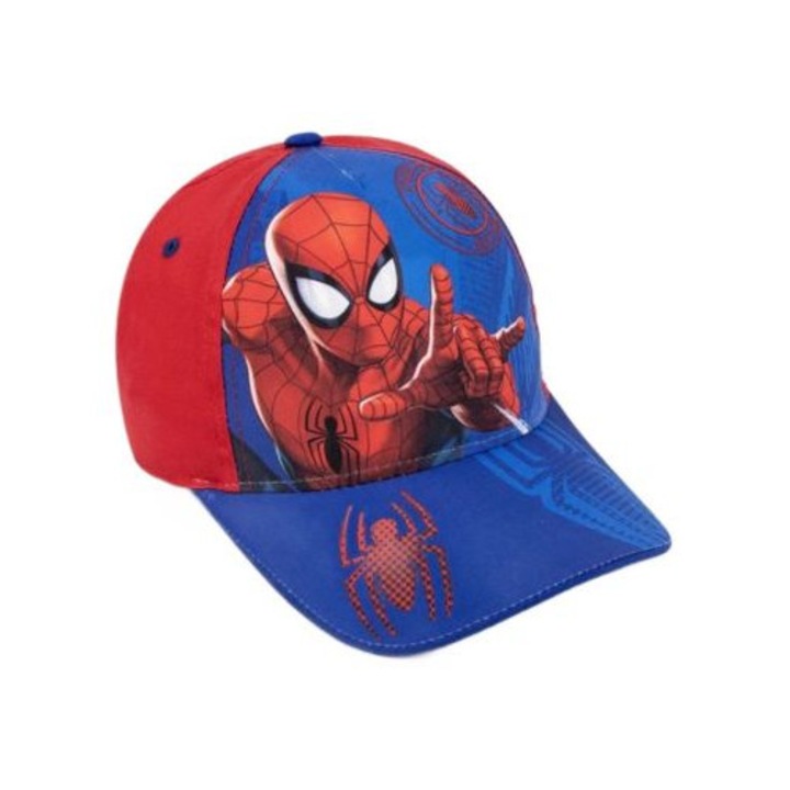 Sapca copii, model Spiderman, marime 53 cm, material 65% bumbac si 35% poliester, culoare albastra cu spate rosu