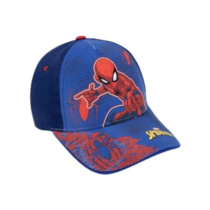 Sapca copii, model Spiderman, marime 53 cm, material 65% bumbac si 35% poliester, culoare albastra cu spate bleumarin