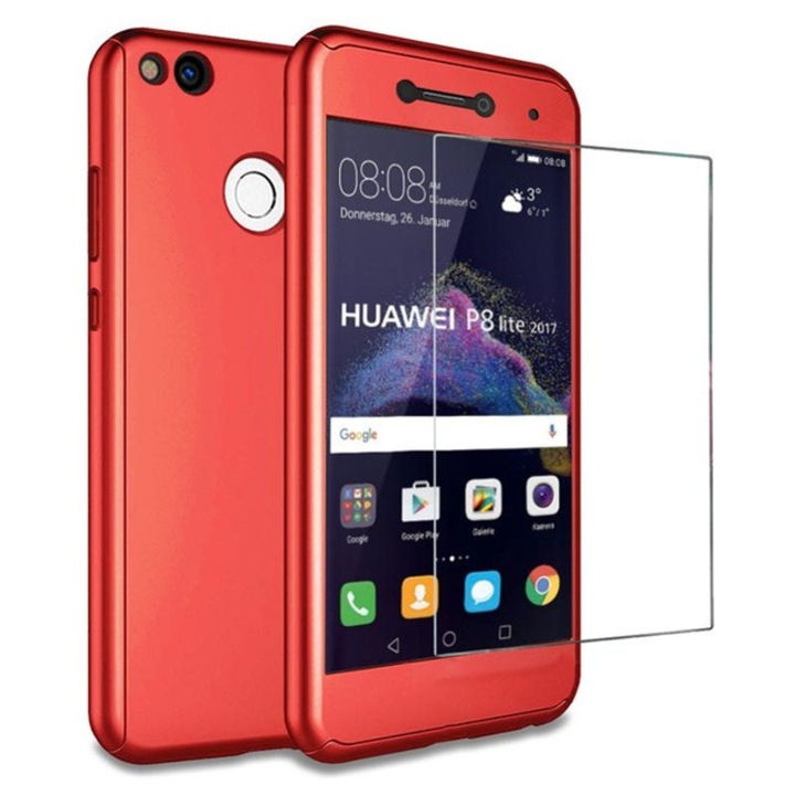 Калъф Full Cover 360° (преден + гръб + стъкло) за Huawei P9 Lite 2017, червен