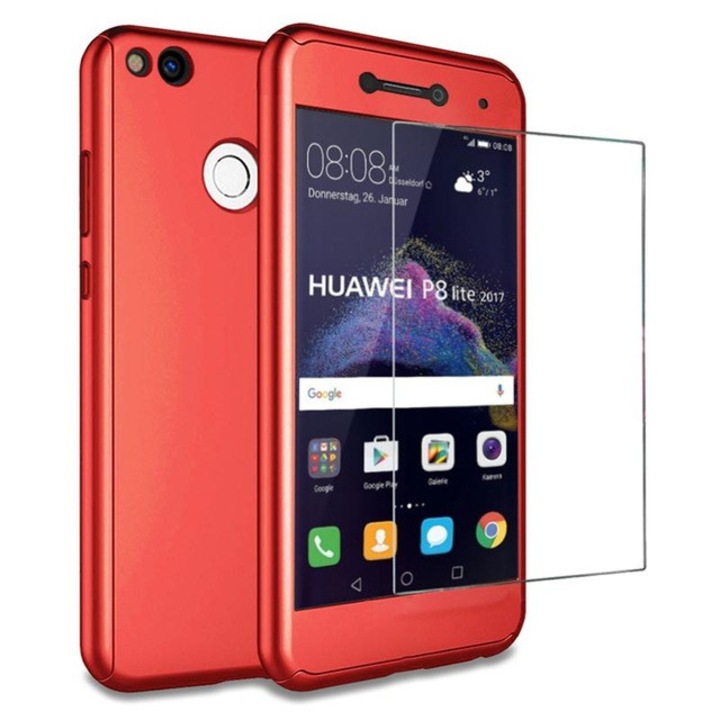 Husa Full Cover 360° (fata + spate + geam sticla) pentru Huawei P9 Lite 2017, rosu