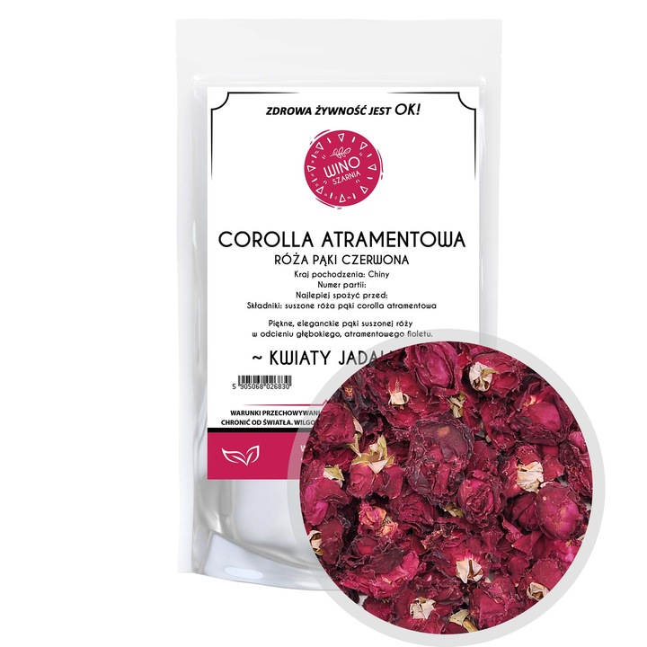 Radacina de trandafir rosu Paki Corolla Atramentowa, 50g, flori comestibile, 2-4 cm, decorare mese, aranjamente florale