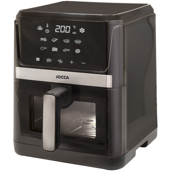 Фритюрник с горещ въздух Jocca 2297, Без олио, 1600W, 7л, Сензорно управление, LED дисплей, Регулируема температура 80-200ºC, Прозорец за наблюдение, Защита от прегряване, Черен