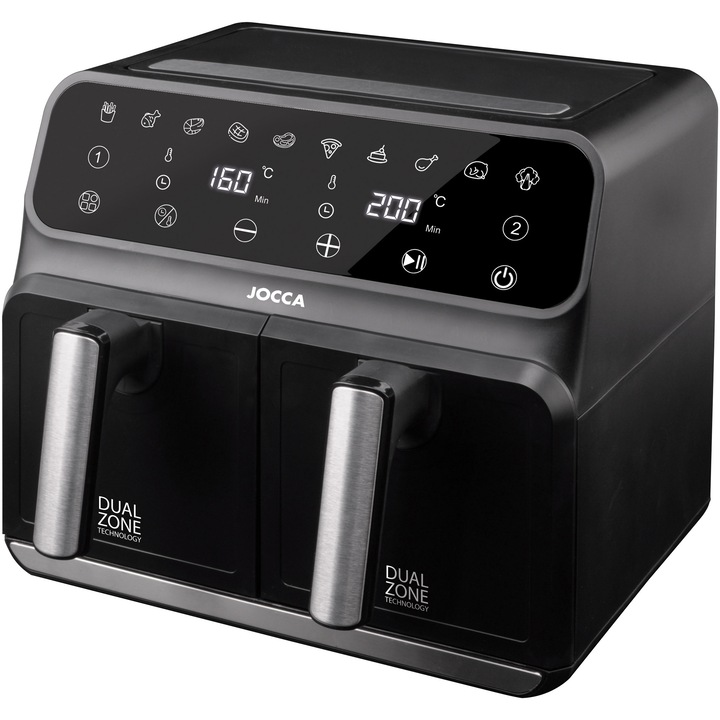 Фритюрник с горещ въздух Jocca 2097, Без олио, 1700W, 4л+4л, Сензорно управление, LED дисплей, 10 предварително зададени програми, Незалепваща скара, Дръжки с хладно покритие, Защита от прегряване, Черен