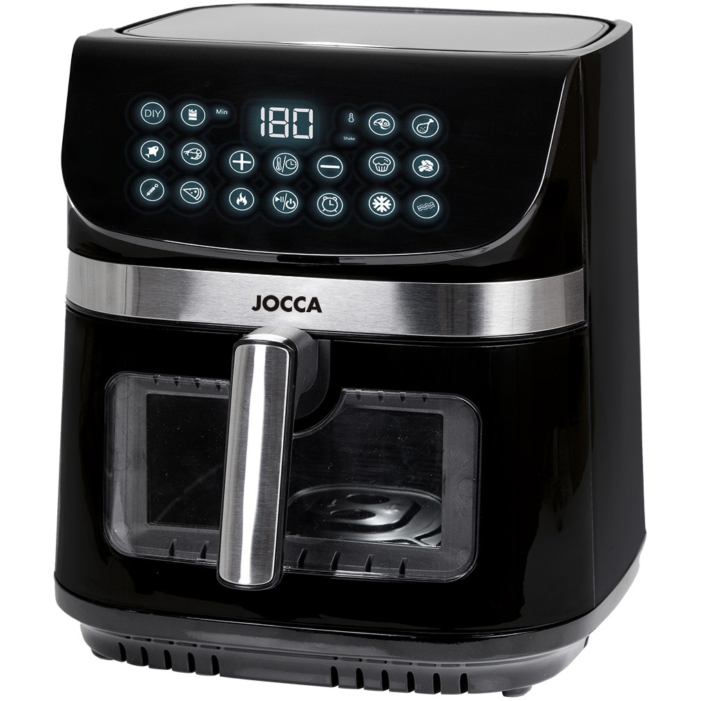 Friteuza cu aer cald, fara ulei, Jocca 2352, 2200W, 9L, rezistenta dubla, control touch, display LED, 10 Programe presetate, grill non-stick, maner cool-touch, protectie supraincalzire, negru