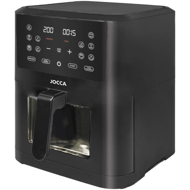 Фритюрник с горещ въздух Jocca 2307N, Без олио, 1800W, 8л, Сензорно управление, LED дисплей, Регулируема температура 34-200ºC, Прозорец за наблюдение, Защита от прегряване, Черен