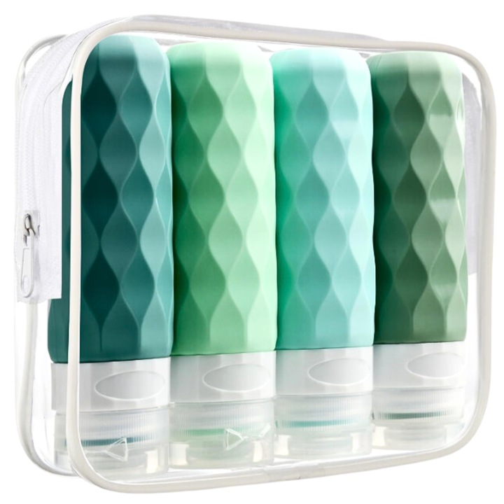 Set De Sticle De Calatorie, Silikon, 4 Bucati, 90 Ml, Etui Cosmetic Transparent, Inchidere Etansa, Material Flexibil