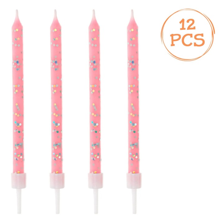 Пастелно розови свещи за рожден ден със златен блясък 8 см - 12 бр