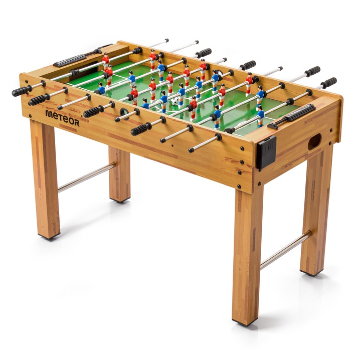 Foosball, Meteor, 4-4-2, 122 x 61 x 80 cm, Mdf, Set, 2 bile, Contor manual, Picioare reglabile, Manere din cauciuc, Design compact, Pentru adulti, Maro deschis