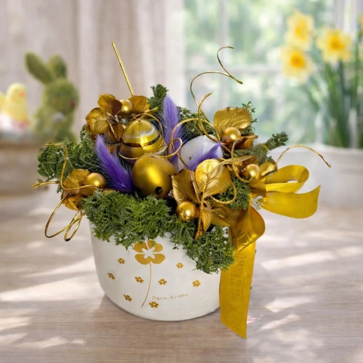 Aranjament floral Glitter in vas ceramic tip ceasca, lagurus si licheni stabilizati, oua decorative si plante artizanale, verde, 16 x 7 cm Velve