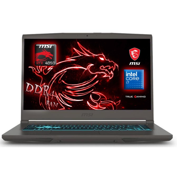 MSI Thin 15 Gamer Laptop, Intel Core i7 12650H, 64GB DDR4 Memória, 1000GB SSD, 15.6" FullHD, 144Hz Kijelző, Nvidia RTX 4050, Magyar billentyűzet, Szürke, Vírusírtó, Böngésző, Windows 11 Pro