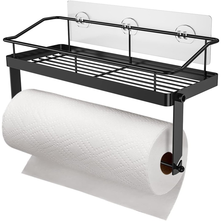 Suport Rola Hartie de Bucatarie Si Raft KD Home® TidyRoll Pro, Din Inox, Montare Fara Gauri, 32 cm, Pretabil si Hartie Igienica, Negru