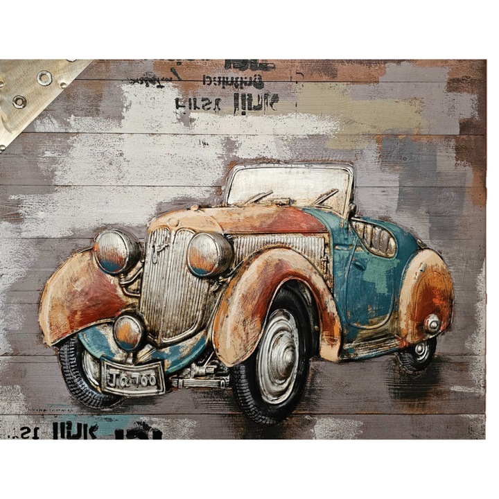 Tablou decorativ pe lemn, in stil industrial vintage, cu element 3D reprezentand o masina retro, accesorii metalice si sistem de prindere cu agatatori, 82x82 cm