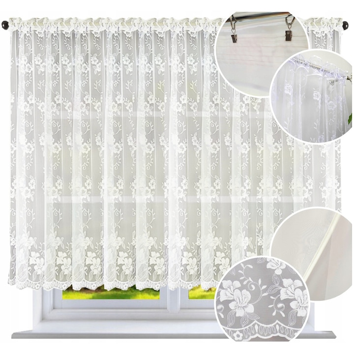 Perdea, NOW-ART, Terminat Kiwatas Clasic Marquetry, Semi-transparenta, Pentru living, Plasa Fina, Sistem de prindere banda, tunel, broaste, Clasic, Universal, 400 x 180 cm, 0, 5 kg, Alb