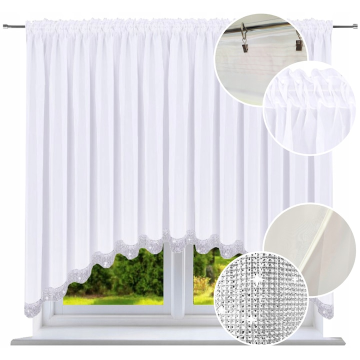 Завеса, NOW-ART, Бели завеси с финишни диаманти 43, Полупрозрачни, За хол, воал, Система за закрепване с лента, тунел, жаби, Класически, Универсален, 400 x 160 см, 0.3 кг, Бял
