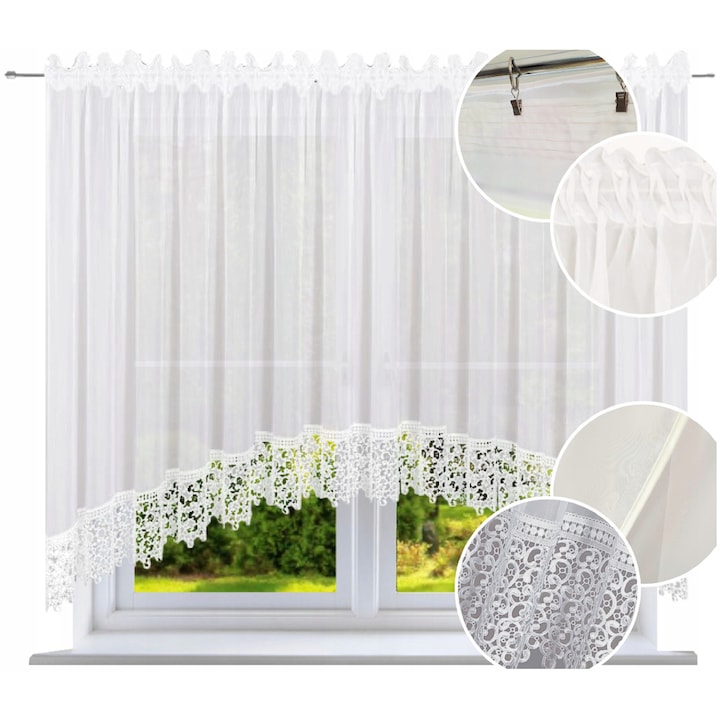 Завеса, NOW-ART, Обикновена бяла дантелена панделка M42, Полупрозрачна, За хол, воал, Система за закрепване с лента, тунел, жаби, Класическа, Универсална, 400 x 140 см, 0.3 кг, Бяла