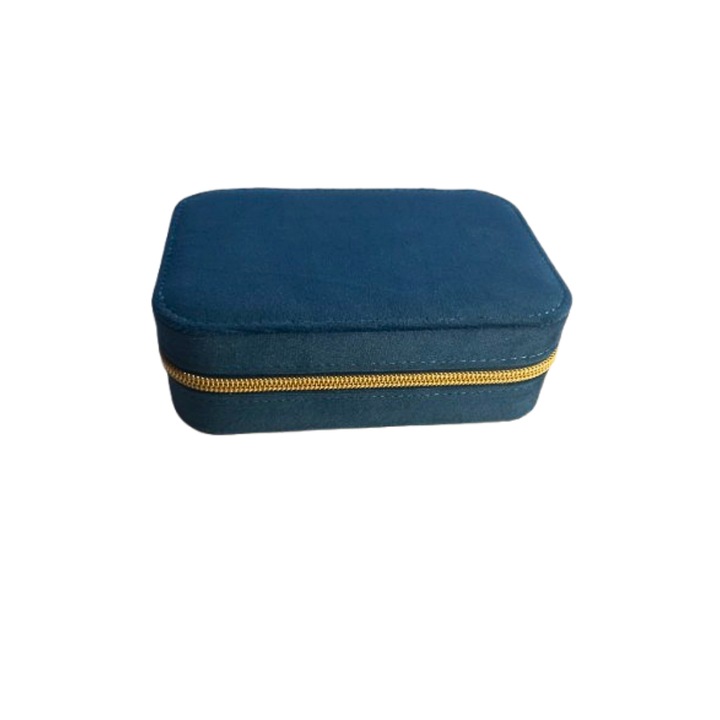 Bársony ékszerdoboz, cipzárral, rekeszek gyűrűknek, fülbevalóknak, karkötőknek, láncoknak/nyakláncoknak, 15,5x10,5x5 cm, kék színű, ideális utazáshoz, szervezéshez