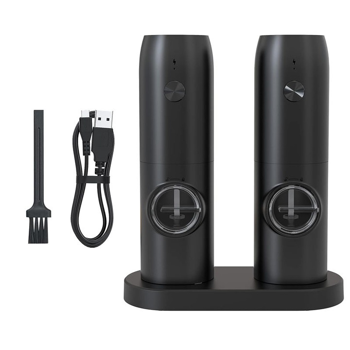 2 db elektromos daráló készlet NEXTLY töltőállvánnyal, sóval, borssal és egyéb fűszerekkel, újratölthető, 5 őrlési lépés, LED világítás, USB Type C kábel, fekete
