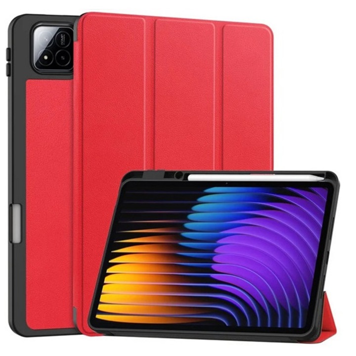 Gigapack tabletvédő álló, bőr hatású, aktív flip, oldalra nyíló, trifold, asztali tartó, ceruza tartó, piros, kompatibilis: Xiaomi Pad 7 Pro / Pad 7