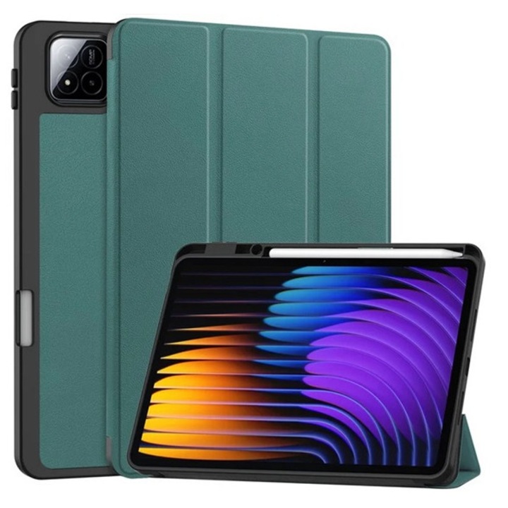 Gigapack tabletvédő álló, bőr hatású, aktív flip, oldalra nyíló, trifold, asztali tartó, ceruza tartó, sötétzöld, kompatibilis: Xiaomi Pad 7 Pro / Pad 7