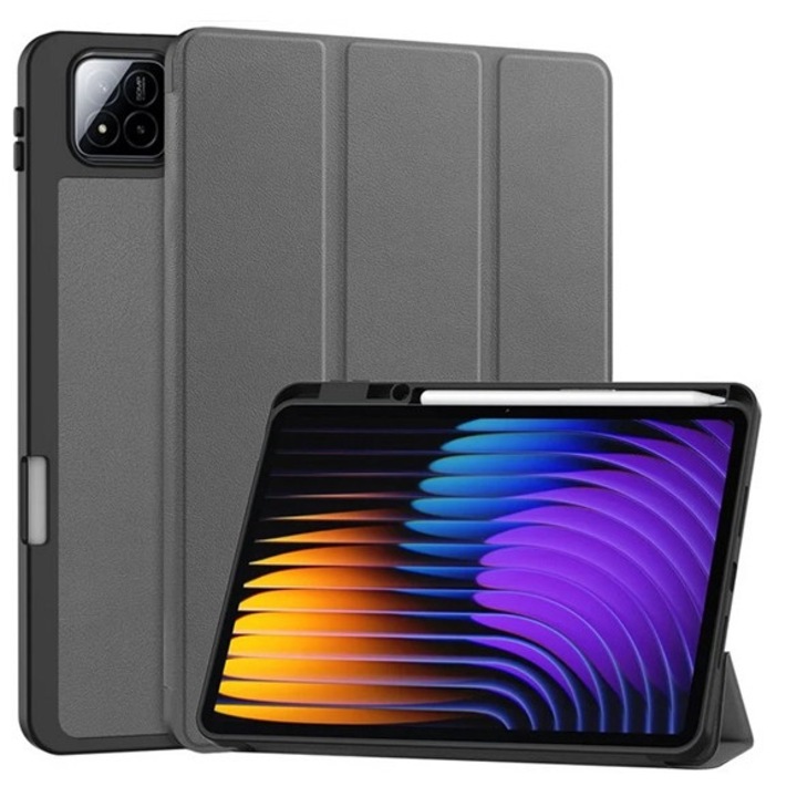 Gigapack tabletvédő álló, bőr hatású, aktív flip, oldalra nyíló, trifold, asztali tartó, ceruza tartó, sötétszürke, kompatibilis: Xiaomi Pad 7 Pro / Pad 7