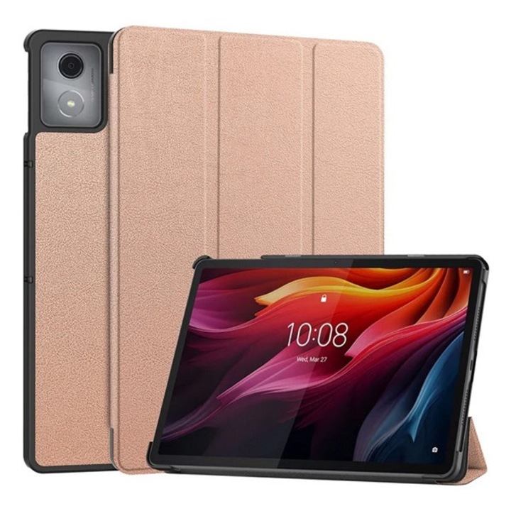 Gigapack tabletvédő álló, bőr hatású, aktív flip, oldalra nyíló, trifold, asztali tartó, rozéarany, kompatibilis: Lenovo Tab K11 Plus, TB352