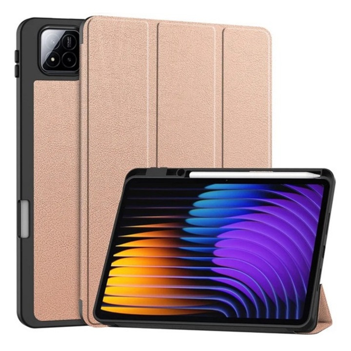 Gigapack tabletvédő álló, bőr hatású, aktív flip, oldalra nyíló, trifold, asztali tartó, ceruza tartó, rozéarany, kompatibilis: Xiaomi Pad 7 Pro / Pad 7