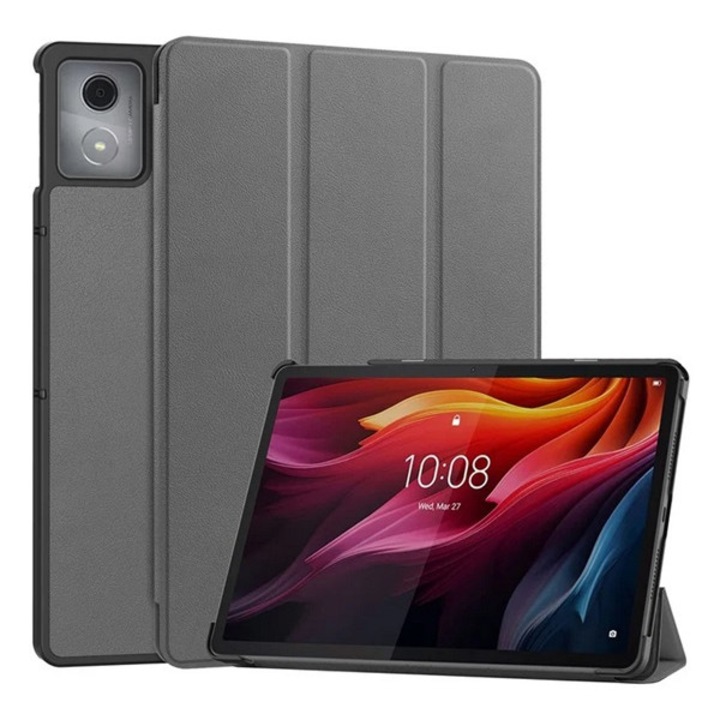 Gigapack tabletvédő álló, bőr hatású, aktív flip, oldalra nyíló, trifold, asztali tartó, sötétszürke, kompatibilis: Lenovo Tab K11 Plus, TB352
