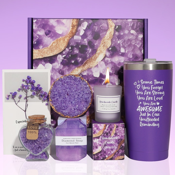 Set cadou spa pentru femei, NEVERMORE, 7 piese Cutie cadou (cu rafie), Ingrijire corp, Cana termos din inox, Bomba de Baie, Sare de Baie, Lumanare Parfumata, cadou relaxant pentru Valentine, Ziua Mamei, Craciun, mov