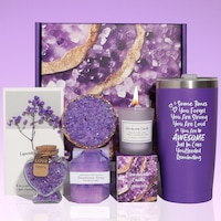Set cadou spa pentru femei, NEVERMORE, 7 piese Cutie cadou (cu rafie), Ingrijire corp, Cana termos din inox, Bomba de Baie, Sare de Baie, Lumanare Parfumata, cadou relaxant pentru Valentine, Ziua Mamei, Craciun, mov