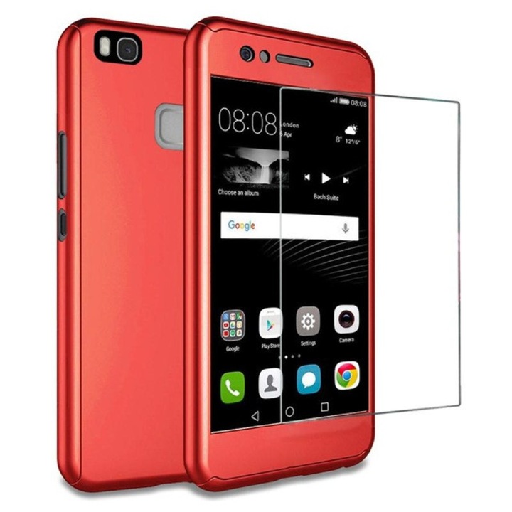 Калъф Full Cover 360° (преден + заден + стъклен прозорец) за Huawei P9 Lite, червен