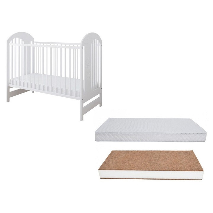 Set Patut din lemn pentru copii pana la 4 ani 124x66 cm cu sistem 3 bare detasabile Tymon White + Saltea cu husa detasabila din microfibra 10 cm grosime Nichiduta Cocos Comfort +