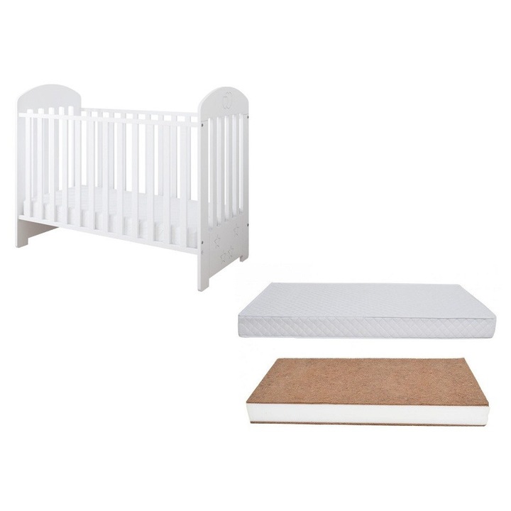 Set Patut din lemn Nichiduta cu somiera reglabila si margine din silicon pentru protectie dintisori Sisi White + Saltea cu husa detasabila din microfibra 10 cm grosime Nichiduta Cocos Comfort +