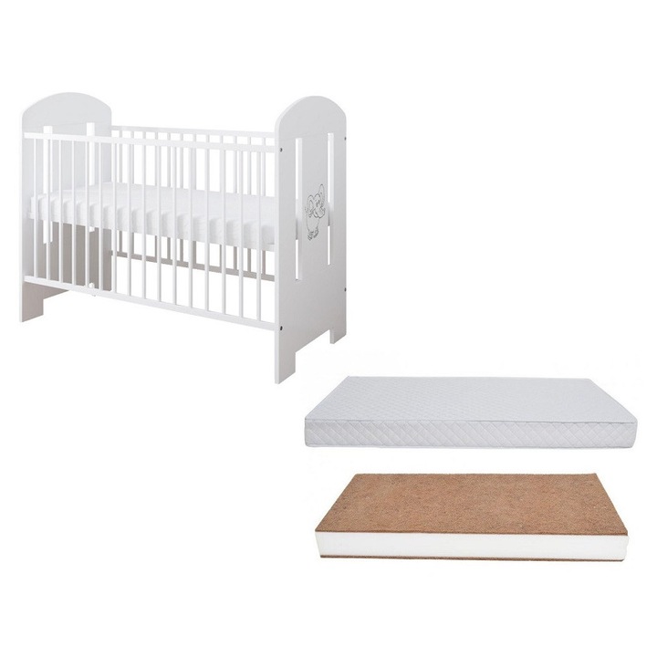 Set Patut din lemn cu sistem 3 bare detasabile si somiera reglabila pe 3 nivele de inaltime Ptilou Elefantel alb + Saltea cu husa detasabila din microfibra 10 cm grosime Nichiduta Cocos Comfort +