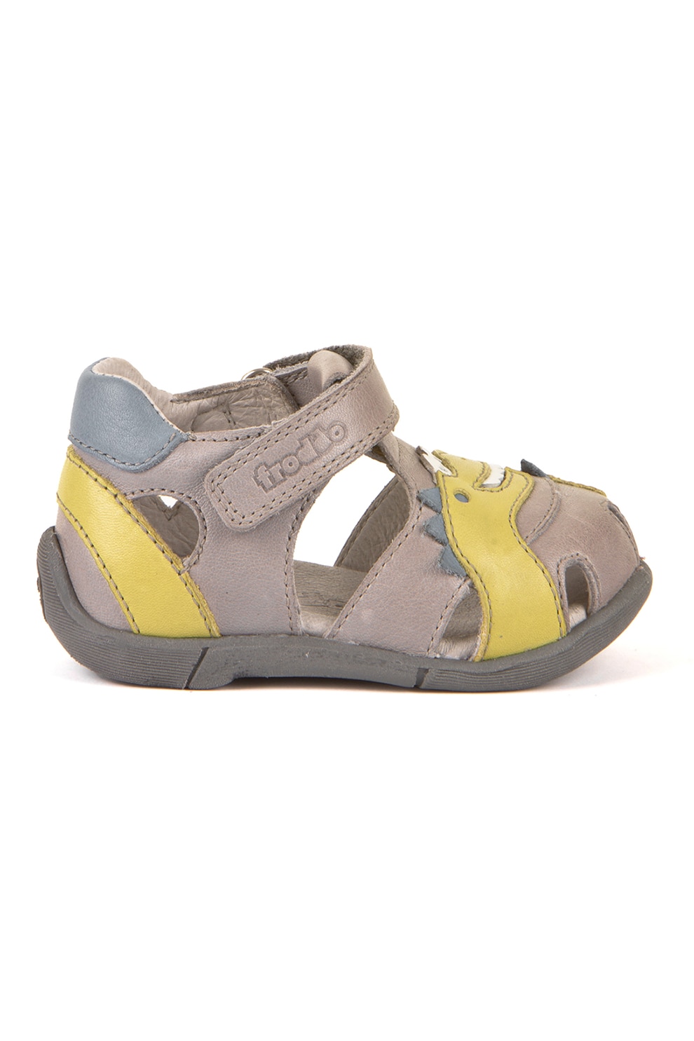 Froddo, Sandale din piele cu aplicatie cu dinozaur, Albastru prafuit, Galben sofran, Maro taupe deschis, 18 EU