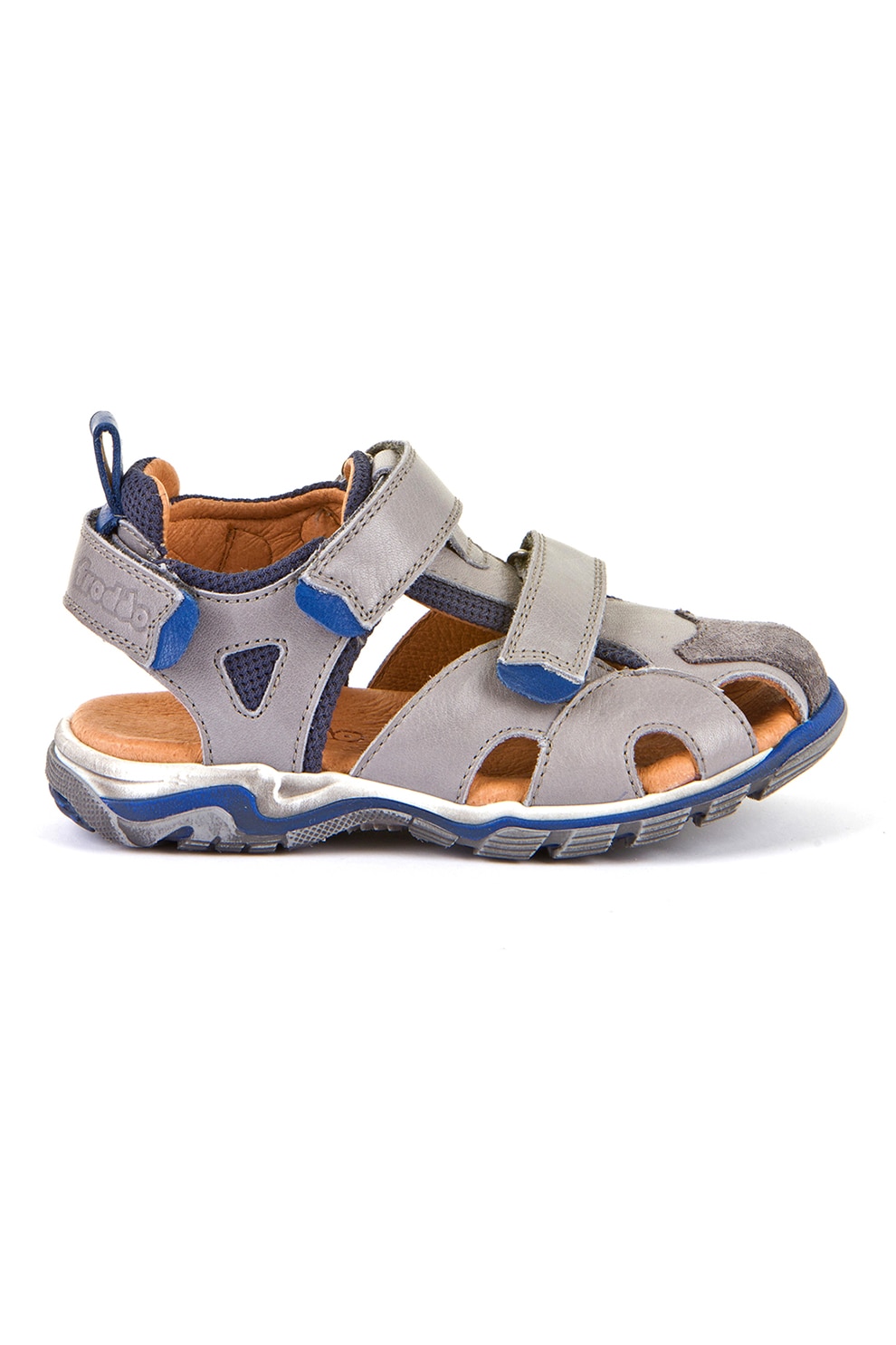 Froddo, Sandale cu inchidere velcro si garnitura din piele intoarsa, Gri deschis, Albastru, 32 EU