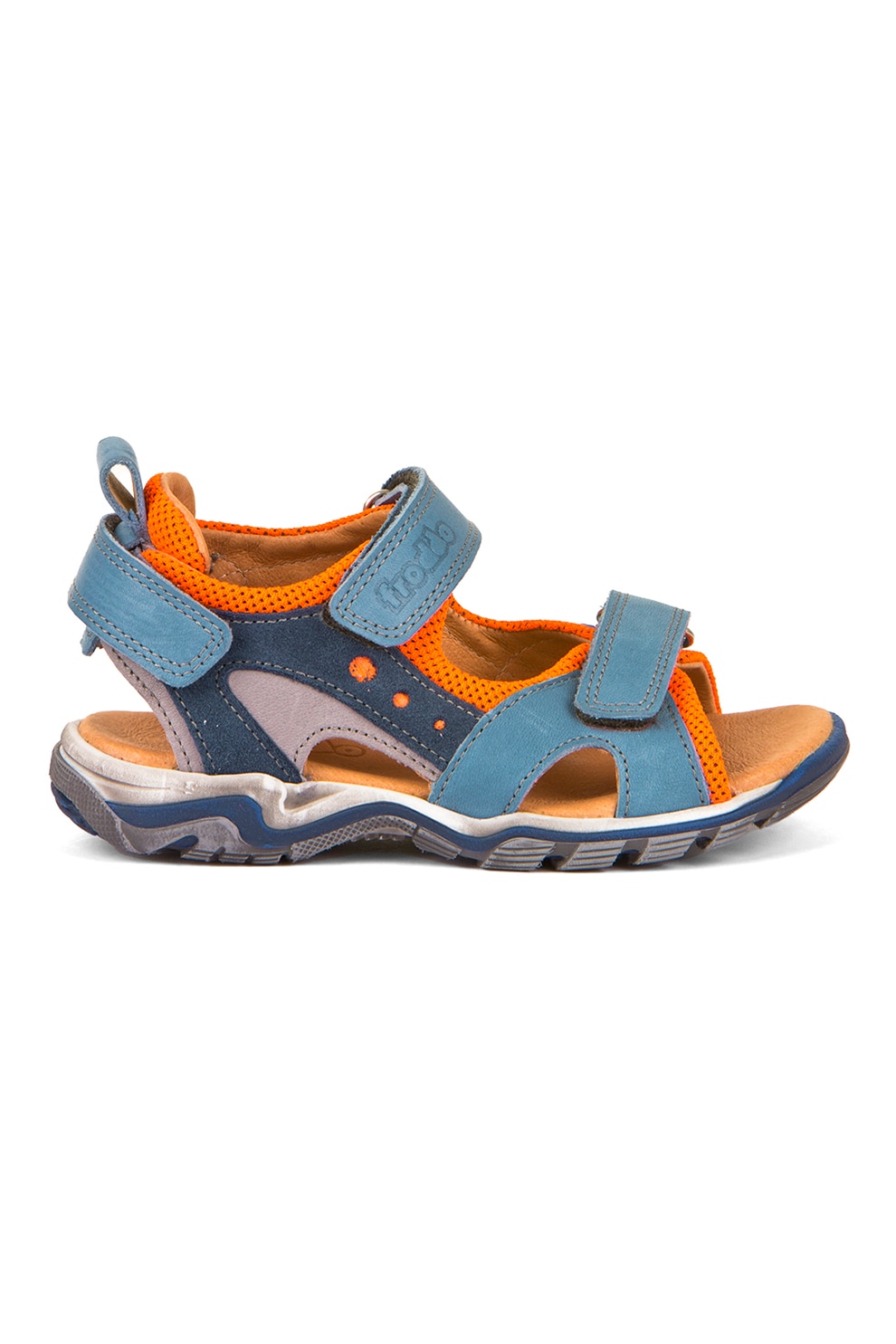 Froddo, Sandale cu inchidere velcro si detaliu logo, Albastru inchis, Albastru prafuit, Portocaliu mandarina, 22 EU