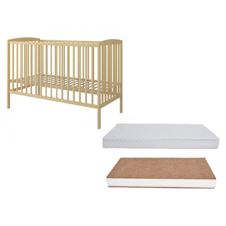 Set Patut din lemn pana la 4 ani cu somiera reglabila pe 3 nivele de inaltime Nichiduta 120x60 cm Grace Natur + Saltea cu husa detasabila din microfibra 10 cm grosime Nichiduta Cocos Comfort +