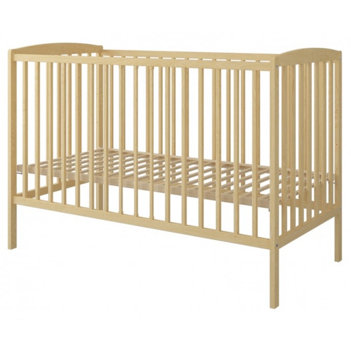 Set Patut din lemn pana la 4 ani cu somiera reglabila pe 3 nivele de inaltime Nichiduta 120x60 cm Grace Natur + Saltea cu husa detasabila din microfibra 12 cm grosime Nichiduta Cocos Comfort +