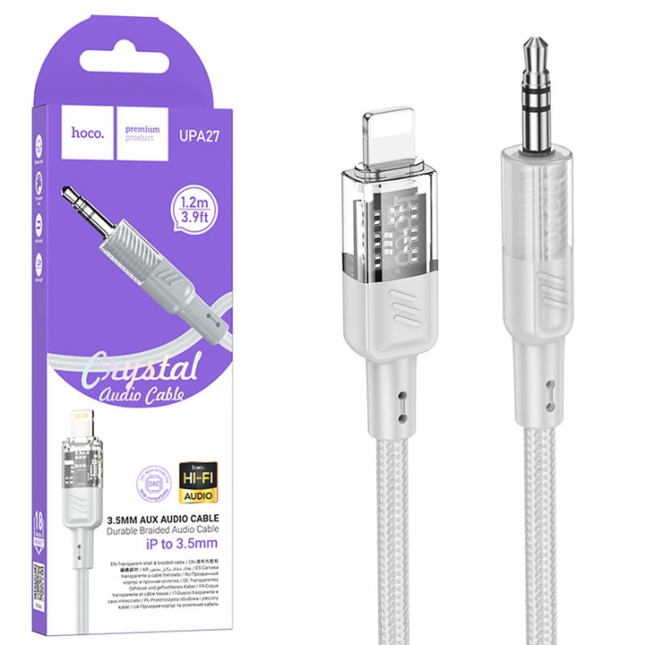 Аудио кабел Hoco (UPA27), Lightning to Jack 3,5 мм (M) - 1,2 м, сив/прозрачен