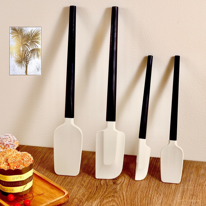 Set 4 Ustensile de Bucatarie By Fitilomania, din Silicon si Lemn, Spatule de Diferite Dimensiuni, Termorezistente, Antiaderente, Alb-Negru