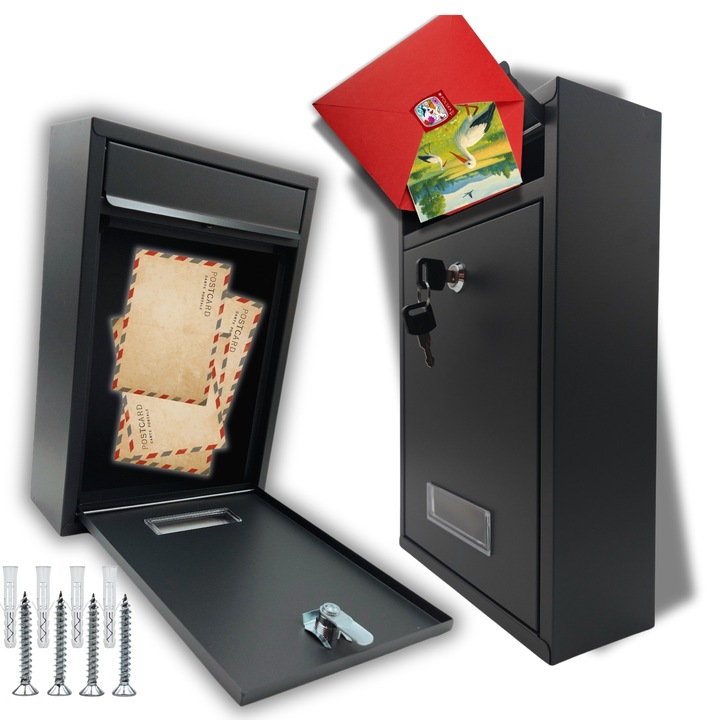 GALAXIA® A4-es postaláda, fekete, nagy, horganyzott acél, 2 kulcs, kerítésre/házra szerelhető, vastag lap, elektrosztatikusan festett, négyszögletes dobozos modell