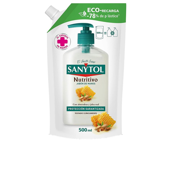 Sanytol Replacement Eco antibakteriális szappan 500 ml, édesmandula-kivonattal és királymézzel