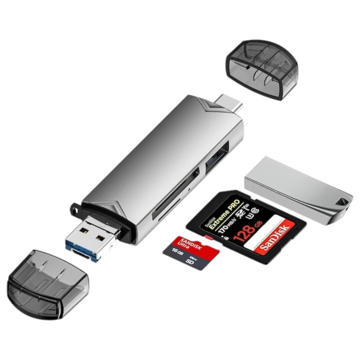 Cititor De Carduri 6 In 1 LONDEMM, Card Reader, Compatibilitate Universala, Transmisie De Mare Viteza, USB-C / USB 3.0, Pentru Carduri De Memorie SD/MicroSD/TF, Aluminiu, Gri