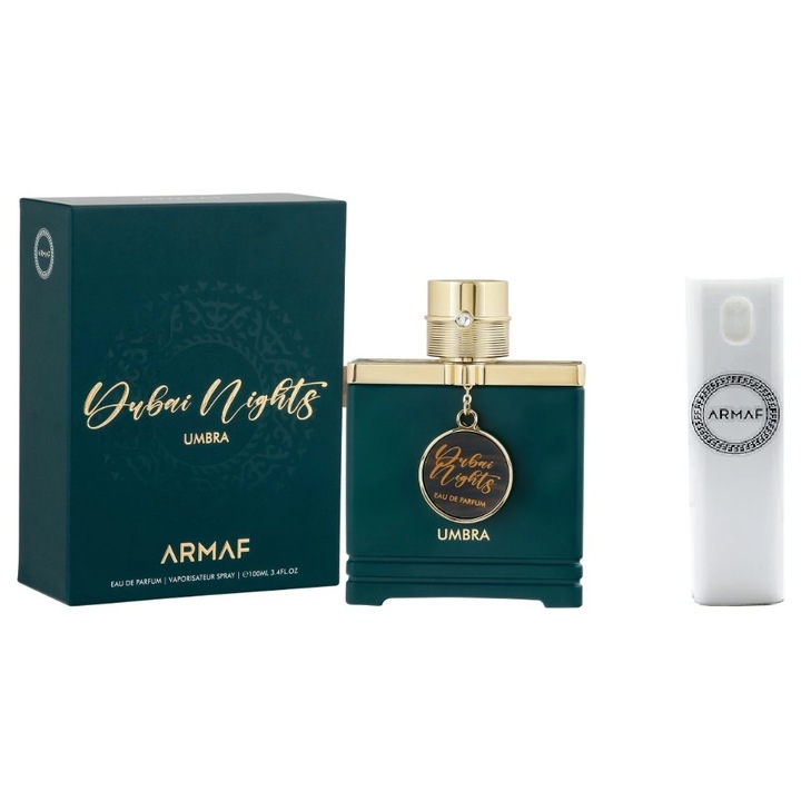 Set Apa de parfum Armaf Dubai Nights Umbra de barbat 100 ml cu Kit Travel Reincarcabil de 10 ml