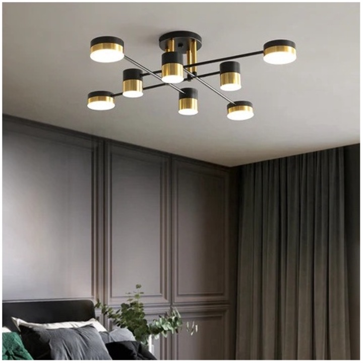 Lustra LED Bella, 96 W Cu Telecomanda, Dimabila, Negru, Auriu, Calda, Neutra Si Rece, Intensitate Reglabila, 85x85x20 Cm