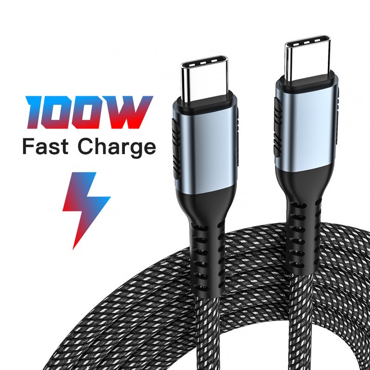 Кабел за данни и бързо зареждане 100W, AHA PRINT®, SuperFastCharge за лаптоп, Samsung, Iphone 15, TEXTIL PREMIUM, USB-C към USB-C, Type C, 2m, черен texil