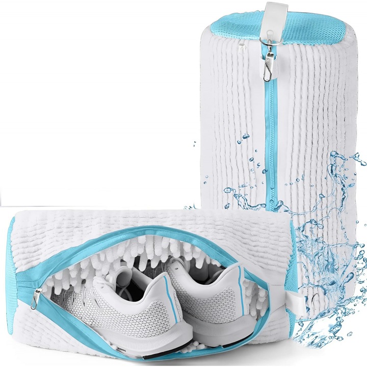 Sac Spalat Incaltaminte HASEPE pentru Masina de Spalat, Protectie Pantofi, Fibra Moale, Material Rezistent, Fermoar Premium, 39x19 cm, Alb/Albastru