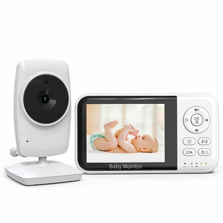 Бебефон Безжична аудио-видео бебешка камера, 3,2" LCD екран, Интелигентно откриване на звук, Двупосочна комуникация, Автоматичен нощен режим, Следене на температурата, Функция за мащабиране, Приспивни песни, 2100mAH батерия, Бял