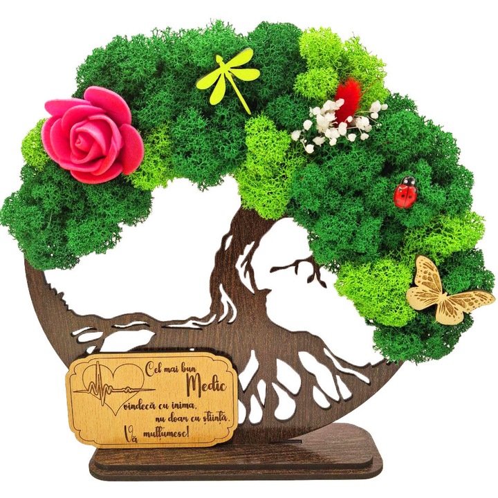 Cadou pentru Medic – Copacul Vietii cu Licheni Naturali Stabilizati, MDF, 20 cm, Wenge, mesaj Cel mai bun medic